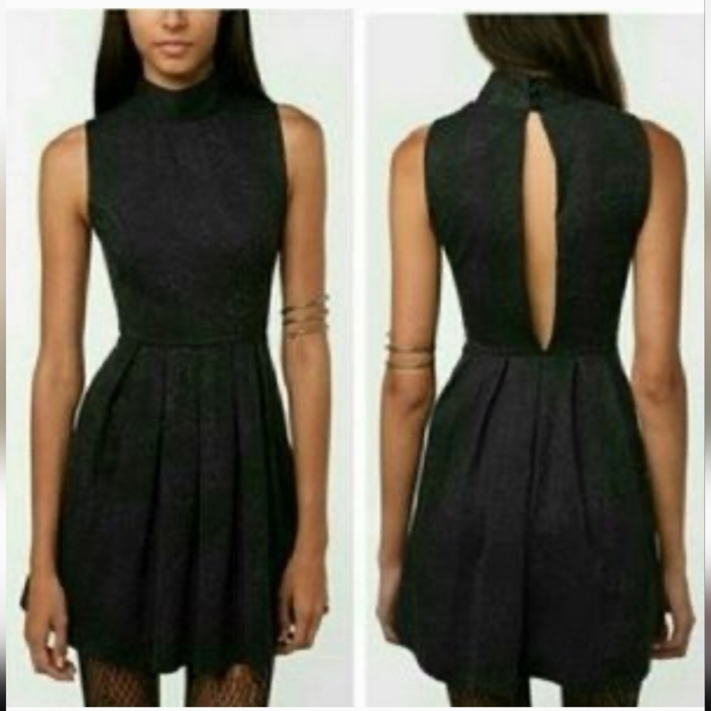 Coincidence & Chance Urban Outfitters Black Jacquard High-Neck Keyhole Dress